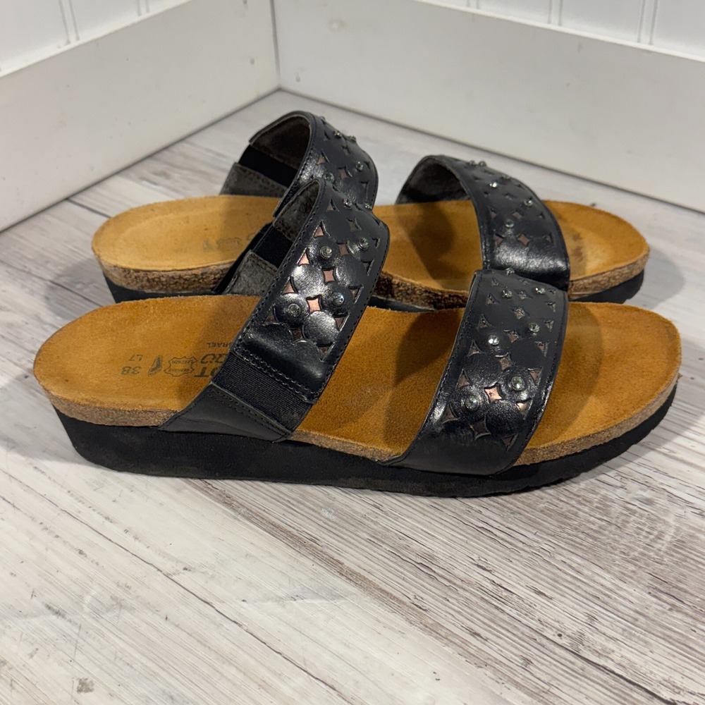 Naot Black Genuine leather Wedge Rhinestones‎ Slide On Sandals Shoes US 7 EU 38